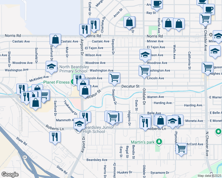 map of restaurants, bars, coffee shops, grocery stores, and more near 711 Decatur Street in Bakersfield