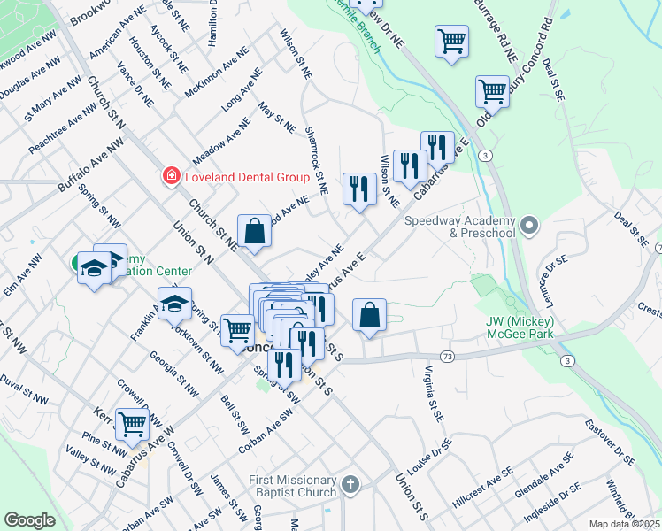 map of restaurants, bars, coffee shops, grocery stores, and more near 104 Brumley Avenue Northeast in Concord