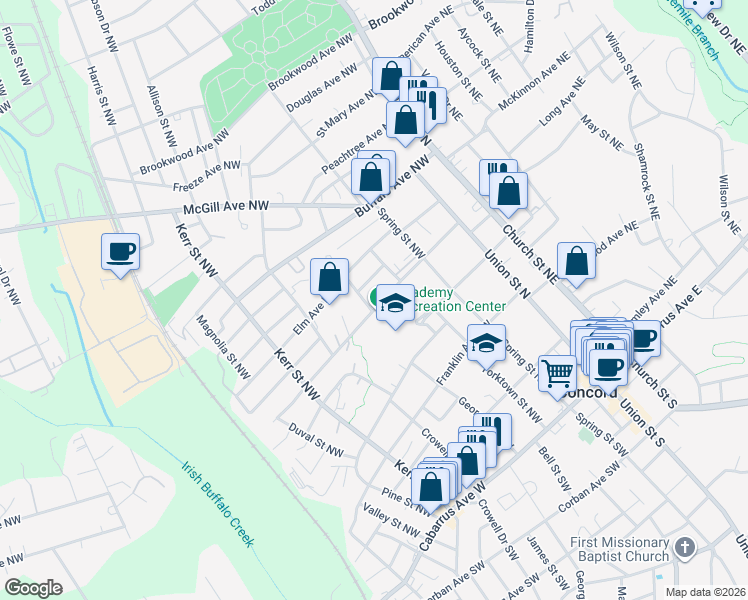 map of restaurants, bars, coffee shops, grocery stores, and more near 133 Academy Avenue Northwest in Concord