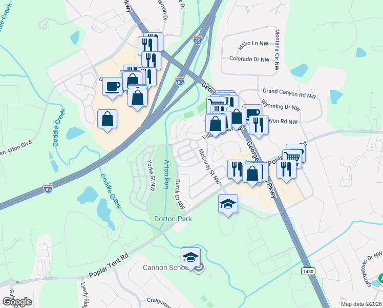 map of restaurants, bars, coffee shops, grocery stores, and more near 89 McCurdy Street Northwest in Concord