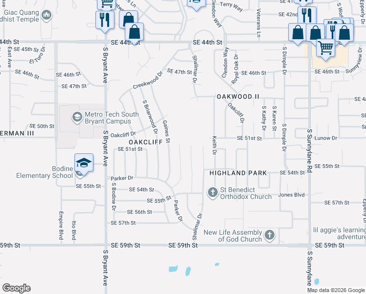 map of restaurants, bars, coffee shops, grocery stores, and more near 5201 Evanbrook Terrace in Oklahoma City