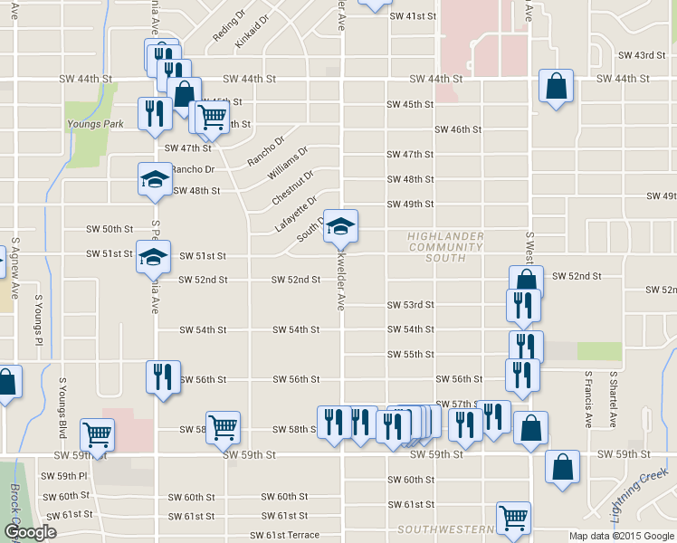 map of restaurants, bars, coffee shops, grocery stores, and more near 1300 Southwest 51st Street in Oklahoma City