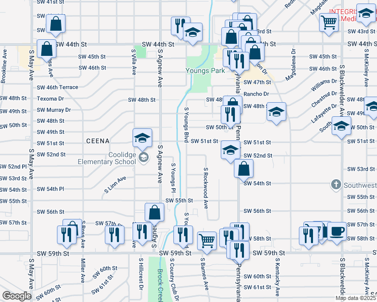map of restaurants, bars, coffee shops, grocery stores, and more near 5213 South Youngs Boulevard in Oklahoma City