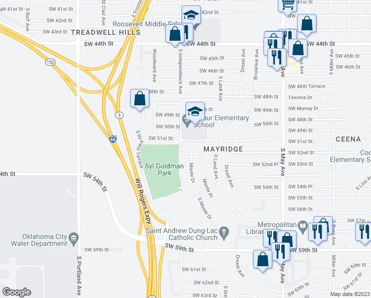 map of restaurants, bars, coffee shops, grocery stores, and more near 3252 Southwest 51st Street in Oklahoma City