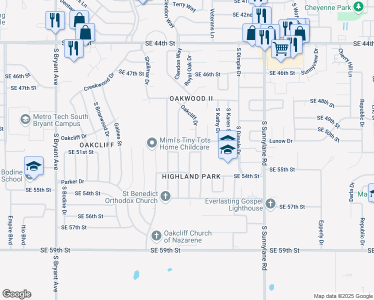 map of restaurants, bars, coffee shops, grocery stores, and more near 5301 Spitz Drive in Oklahoma City