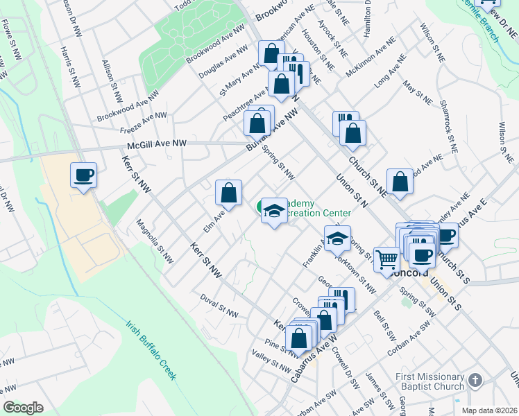 map of restaurants, bars, coffee shops, grocery stores, and more near 133 Academy Avenue Northwest in Concord