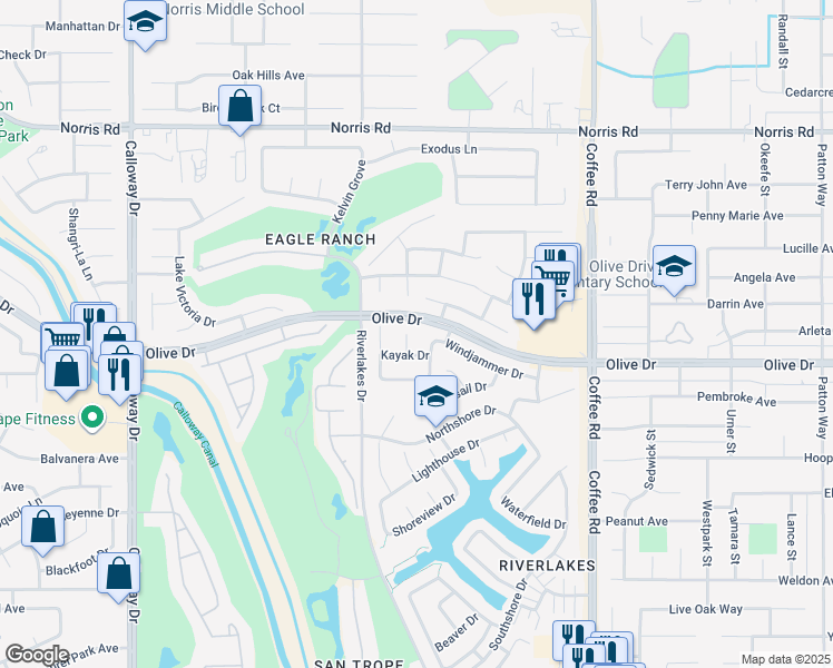 map of restaurants, bars, coffee shops, grocery stores, and more near 5812 Current Court in Bakersfield