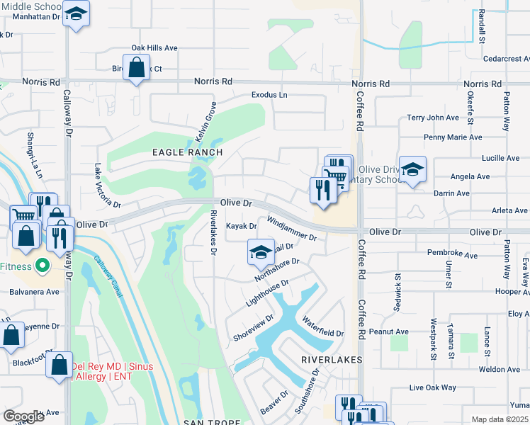map of restaurants, bars, coffee shops, grocery stores, and more near 8600 Windjammer Drive in Bakersfield