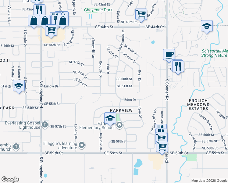 map of restaurants, bars, coffee shops, grocery stores, and more near 5009 Southeast 52nd Street in Oklahoma City