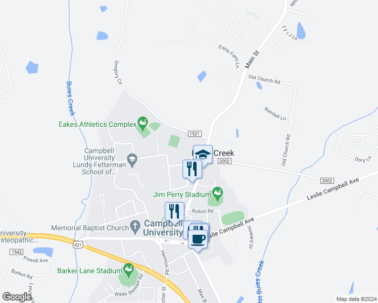 map of restaurants, bars, coffee shops, grocery stores, and more near 80 Hartwell Circle in Lillington