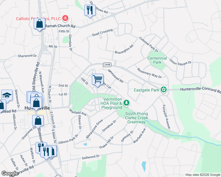 map of restaurants, bars, coffee shops, grocery stores, and more near 13724 Batemans Road in Huntersville