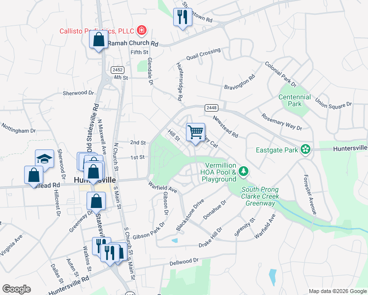 map of restaurants, bars, coffee shops, grocery stores, and more near 12113 Memory Lane in Huntersville