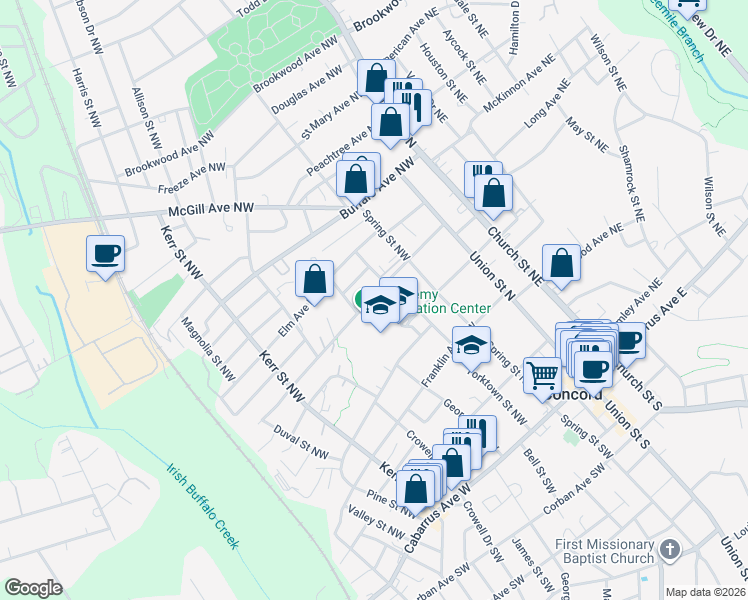 map of restaurants, bars, coffee shops, grocery stores, and more near 133 Academy Avenue Northwest in Concord