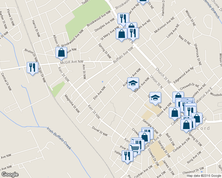 map of restaurants, bars, coffee shops, grocery stores, and more near 239 Glenn Street Northwest in Concord