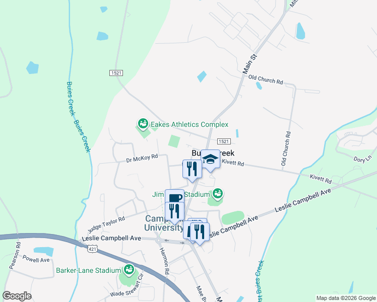 map of restaurants, bars, coffee shops, grocery stores, and more near 78 Hartwell Circle in Lillington