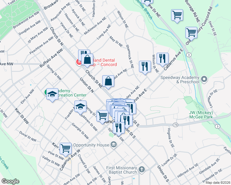 map of restaurants, bars, coffee shops, grocery stores, and more near 54 Creswell Drive Northeast in Concord