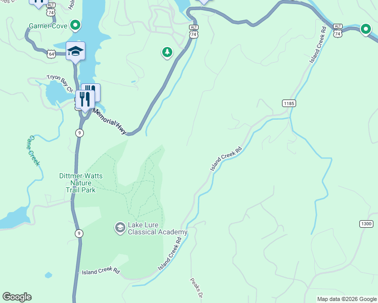 map of restaurants, bars, coffee shops, grocery stores, and more near 740 Justice Drive in Lake Lure