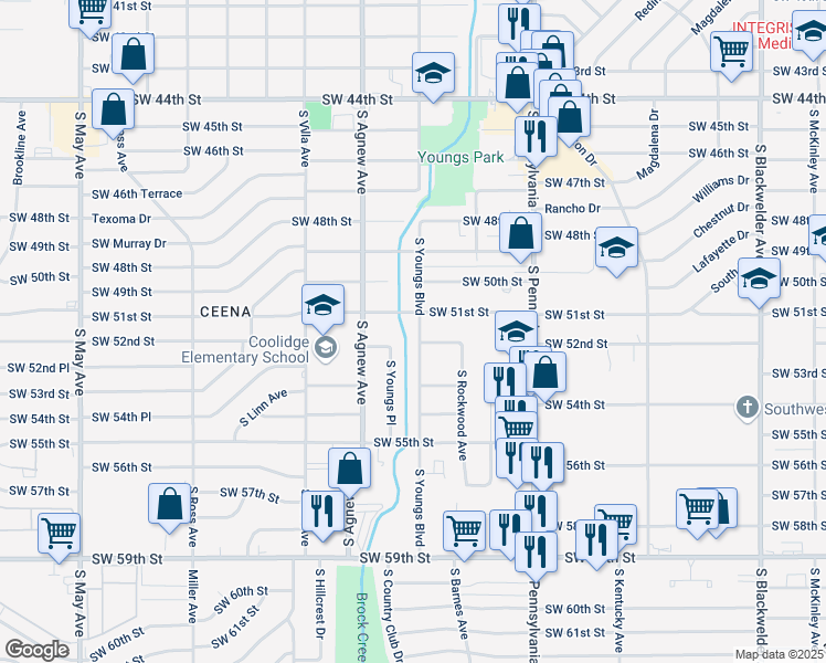 map of restaurants, bars, coffee shops, grocery stores, and more near 5213 South Youngs Boulevard in Oklahoma City