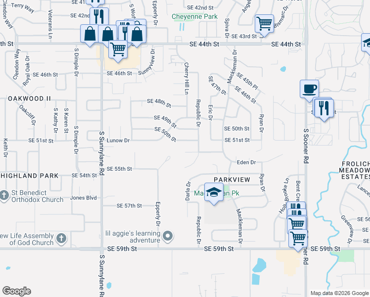 map of restaurants, bars, coffee shops, grocery stores, and more near 4809 Southeast 52nd Street in Oklahoma City