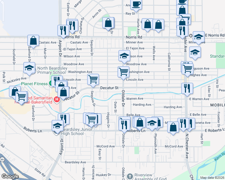 map of restaurants, bars, coffee shops, grocery stores, and more near 511 Decatur Street in Bakersfield