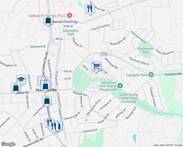 map of restaurants, bars, coffee shops, grocery stores, and more near 12115 Memory Lane in Huntersville