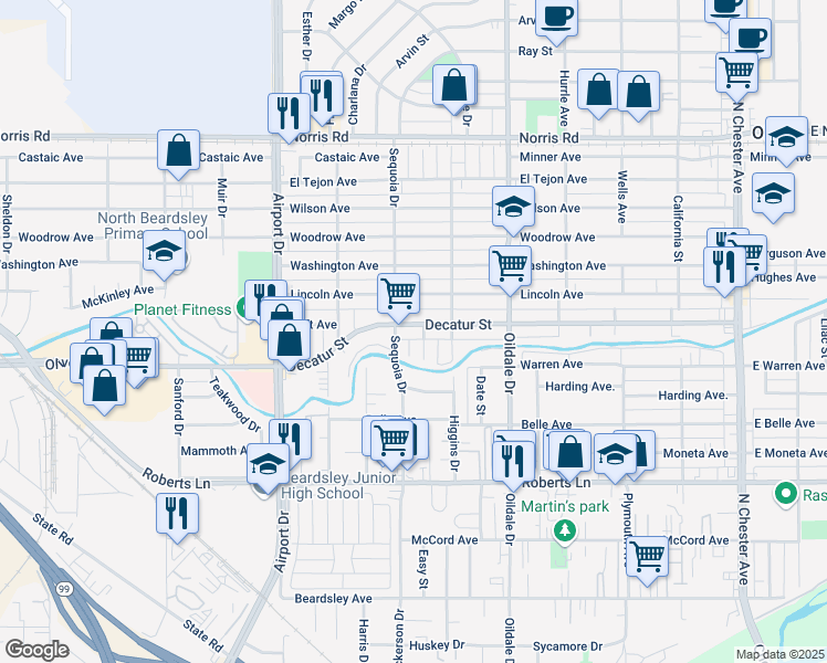 map of restaurants, bars, coffee shops, grocery stores, and more near 615 Decatur Street in Bakersfield