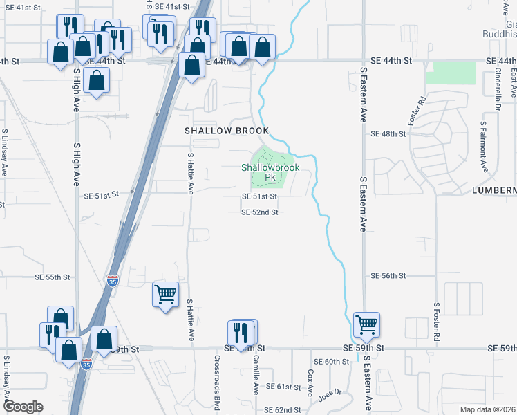 map of restaurants, bars, coffee shops, grocery stores, and more near 1621 Southeast 52nd Street in Oklahoma City