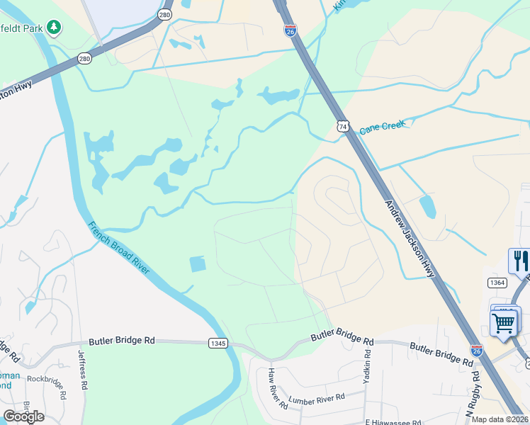 map of restaurants, bars, coffee shops, grocery stores, and more near 329 Tap Root Lane in Fletcher
