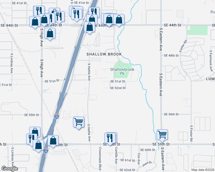 map of restaurants, bars, coffee shops, grocery stores, and more near 1521 Southeast 52nd Street in Oklahoma City
