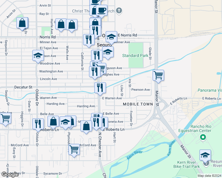 map of restaurants, bars, coffee shops, grocery stores, and more near 717 Wisteria Street in Bakersfield