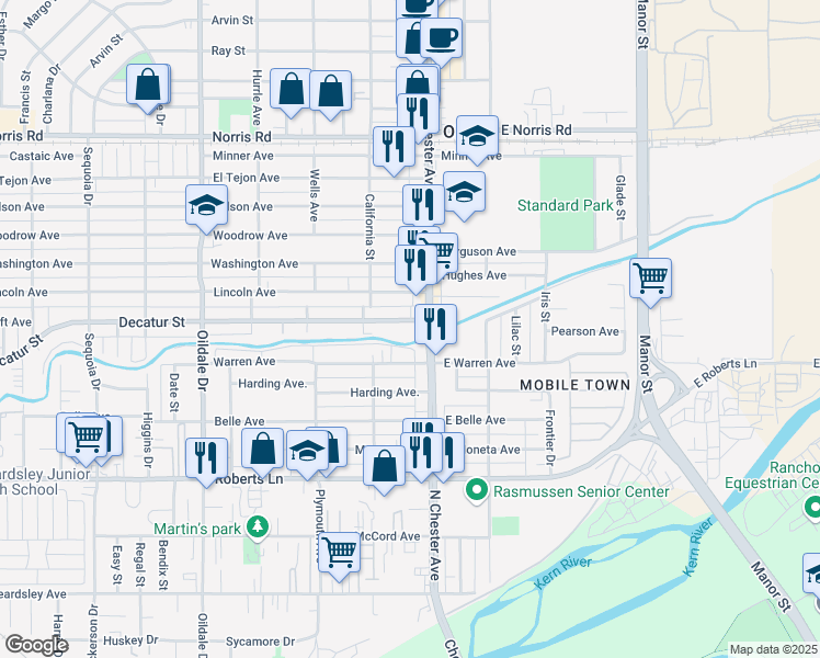 map of restaurants, bars, coffee shops, grocery stores, and more near 109 Decatur Street in Bakersfield