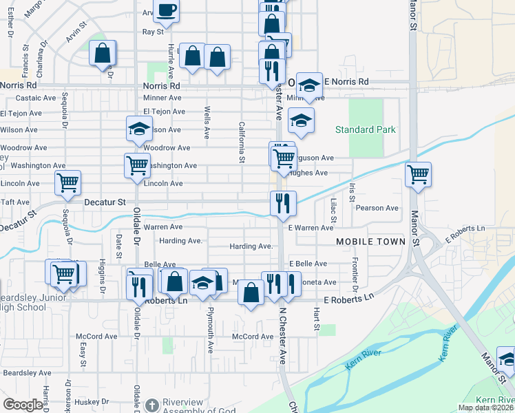map of restaurants, bars, coffee shops, grocery stores, and more near 109 Decatur Street in Bakersfield