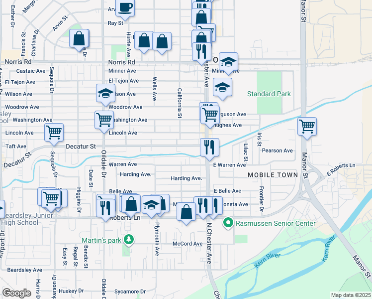 map of restaurants, bars, coffee shops, grocery stores, and more near 127 Decatur Street in Bakersfield