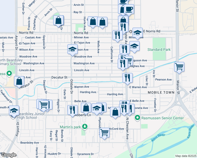 map of restaurants, bars, coffee shops, grocery stores, and more near 213 Decatur Street in Bakersfield