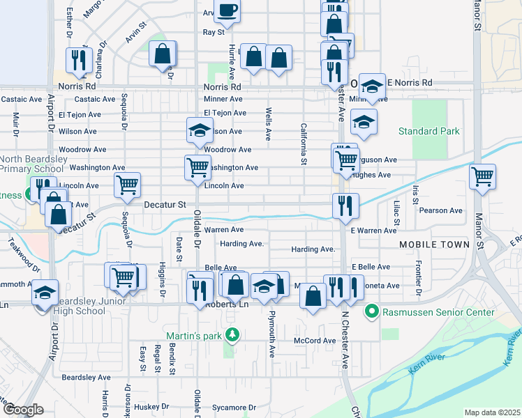 map of restaurants, bars, coffee shops, grocery stores, and more near 307 Decatur Street in Bakersfield