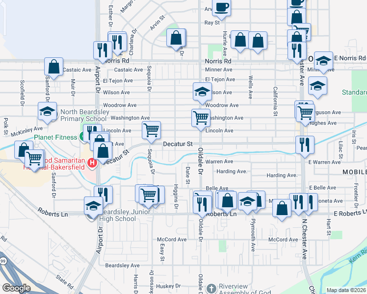 map of restaurants, bars, coffee shops, grocery stores, and more near 511 Decatur Street in Bakersfield