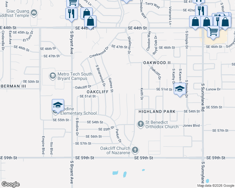 map of restaurants, bars, coffee shops, grocery stores, and more near 5200 Gaines Street in Oklahoma City