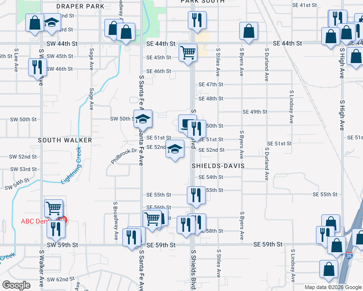 map of restaurants, bars, coffee shops, grocery stores, and more near 129 Southeast 52nd Street in Oklahoma City