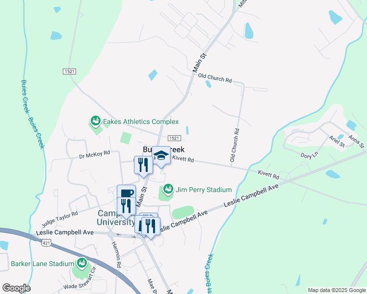 map of restaurants, bars, coffee shops, grocery stores, and more near 128 Brickyard Lane in Lillington