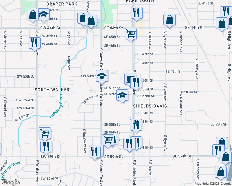 map of restaurants, bars, coffee shops, grocery stores, and more near 105 Southeast 52nd Street in Oklahoma City