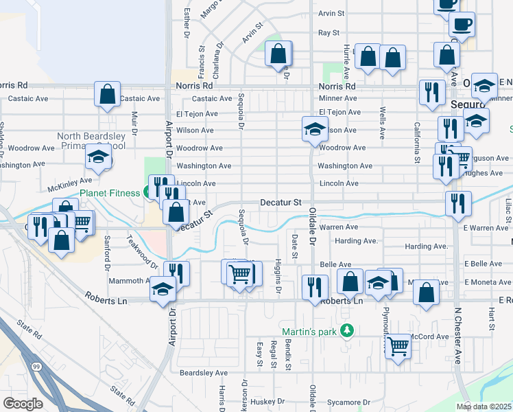 map of restaurants, bars, coffee shops, grocery stores, and more near 613 Decatur Street in Bakersfield