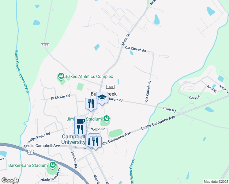 map of restaurants, bars, coffee shops, grocery stores, and more near 128 Brickyard Lane in Lillington
