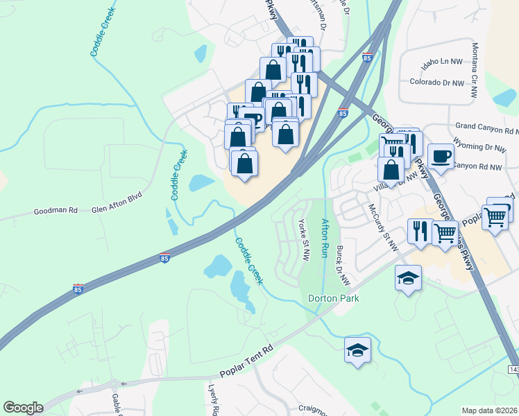 map of restaurants, bars, coffee shops, grocery stores, and more near Interstate 85 in Concord