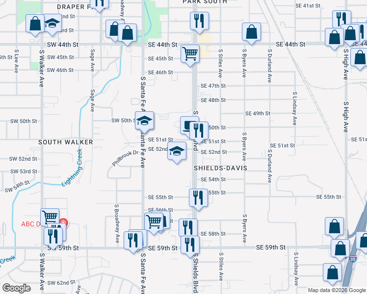 map of restaurants, bars, coffee shops, grocery stores, and more near 129 Southeast 52nd Street in Oklahoma City