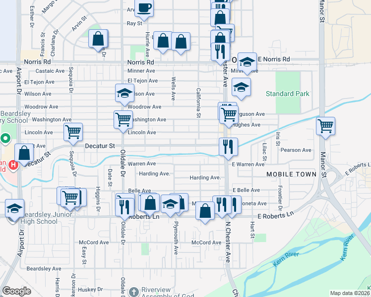 map of restaurants, bars, coffee shops, grocery stores, and more near 213 Decatur Street in Bakersfield