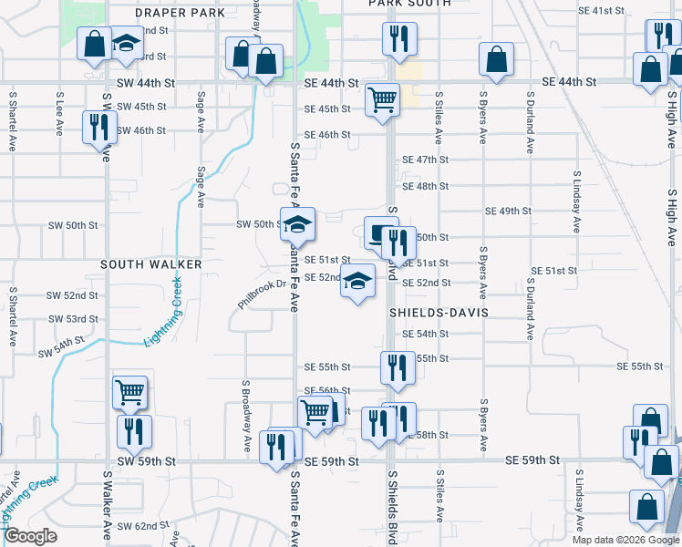 map of restaurants, bars, coffee shops, grocery stores, and more near 105 Southeast 52nd Street in Oklahoma City