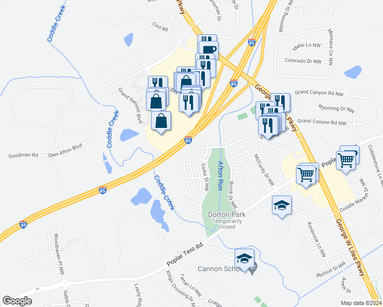 map of restaurants, bars, coffee shops, grocery stores, and more near 5986 Village Drive Northwest in Concord