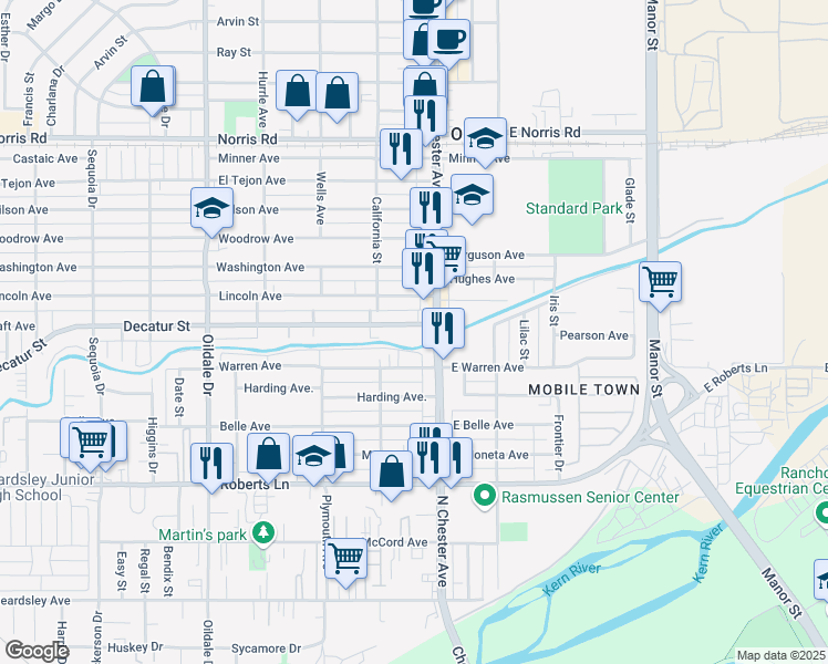 map of restaurants, bars, coffee shops, grocery stores, and more near 109 Decatur Street in Bakersfield