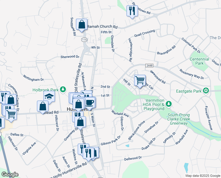 map of restaurants, bars, coffee shops, grocery stores, and more near 503 Huntersville-Concord Road in Huntersville