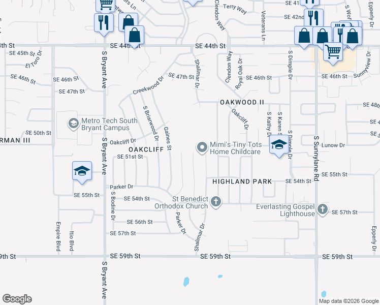 map of restaurants, bars, coffee shops, grocery stores, and more near 5201 Evanbrook Terrace in Oklahoma City